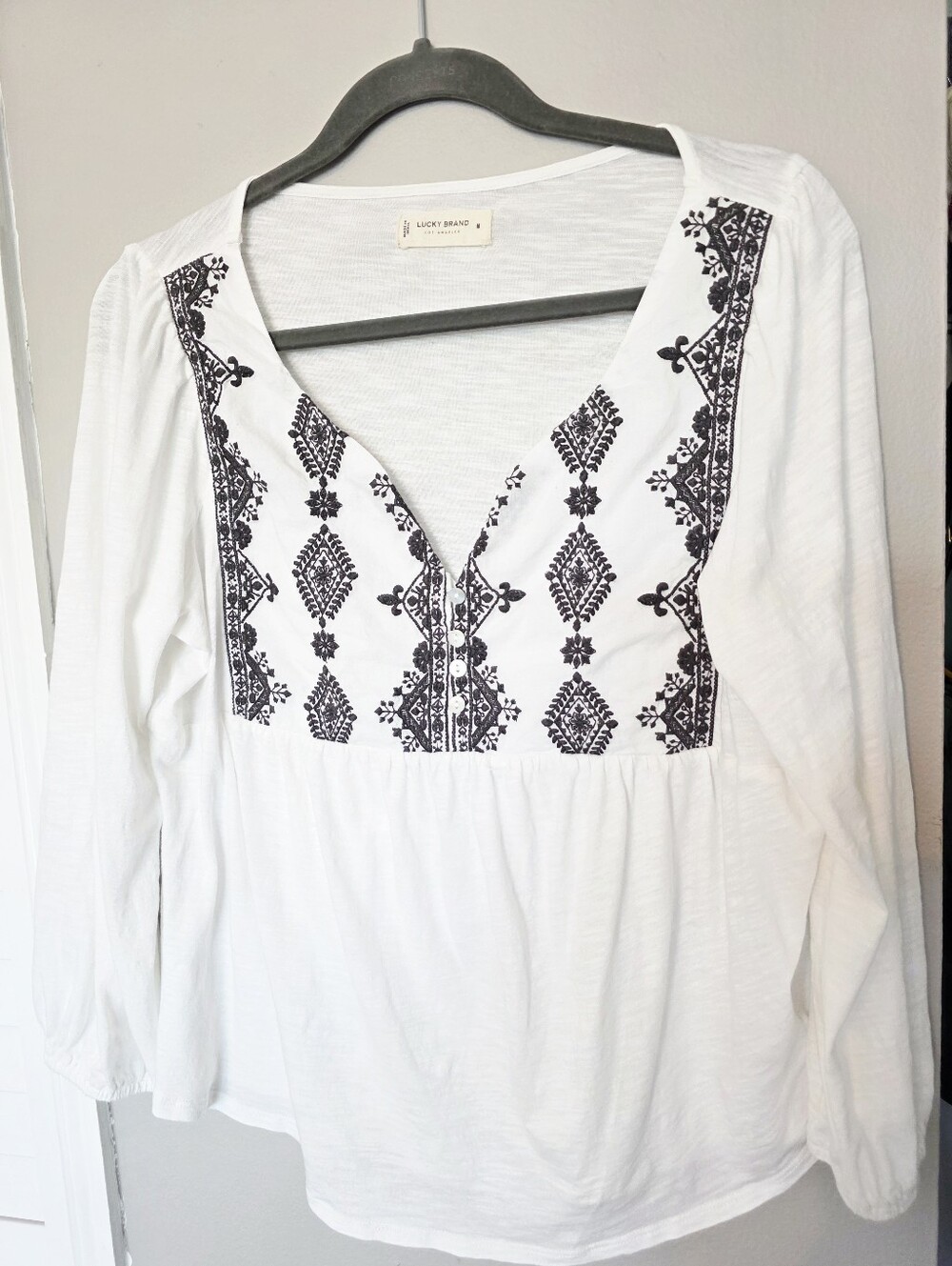 Used Lucky Brand White Top with Black Embroidered Yoke